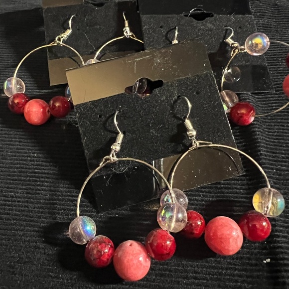 Magnolia Hoop Earrings varying red:pink:clear beads and stones Handmade - Picture 1 of 2